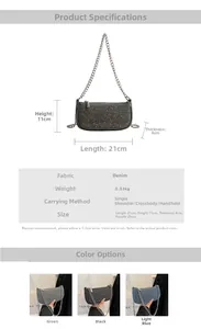 Detailed size chart and dimensions for the denim rhinestone shoulder bag with chain strap
