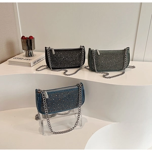 Denim Rhinestone Underarm Bag With Silver Chain Strap Retro Y2K Style Crossbody Shoulder Purse For Women Fashion