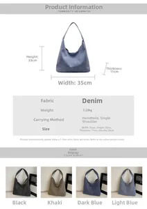 Detaillierte Größenangaben für eine große Denim Hobo-Tasche mit Farboptionen
