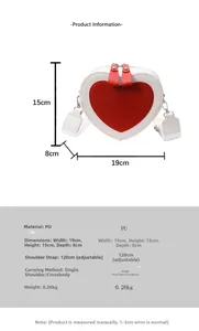 Detailed dimension guide for the heart-shaped crossbody bag with white and red PU leather