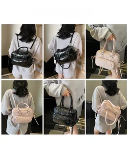 Collage of model wearing a stylish bow briefcase backpack in black and pink leather