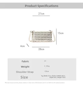 Detailed size chart showing dimensions of the cream rivet handbag with shoulder strap