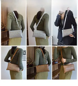 Collage of model wearing punk style rectangle crossbody bags with metal rivet details