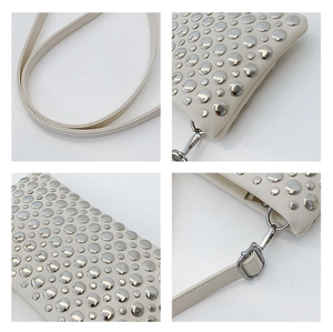 Detailed views of creamy white PU leather bag with silver studs and metal hardware
