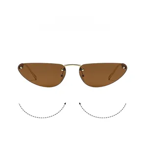 Detail of rimless cat eye sunglasses with brown lenses and gold metal nose bridge
