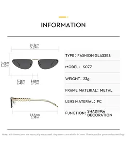 Detailed size specifications for rimless cat eye sunglasses with metal frame and PC lenses