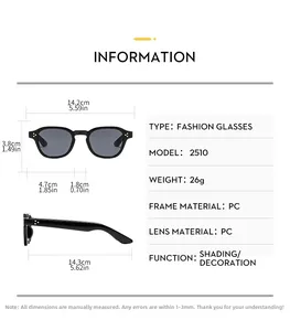 Detailed size chart for vintage square sunglasses with frame and lens measurements