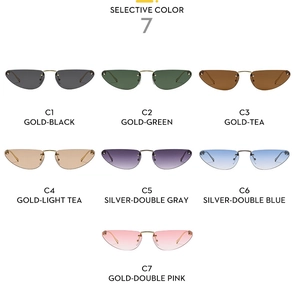 Overview of rimless cat-eye sunglasses with metal frames and colorful gradient lenses
