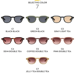 Detailed catalog showing seven vintage sunglasses styles with various color code options
