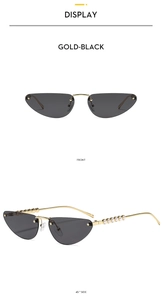 Front and 45-degree side views of rimless cat-eye sunglasses with pearl temple details