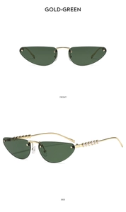 Front and side view of rimless cat-eye sunglasses with gold frame and pearl temple details