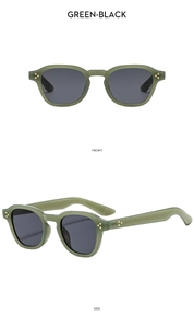 Front and side views of vintage matte green sunglasses with gold rivet decorations