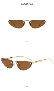 Detailed front and side views of rimless cat-eye sunglasses with pearl temple accents