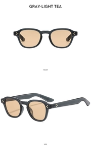 Detailed front and side views of translucent gray sunglasses with golden metal rivets