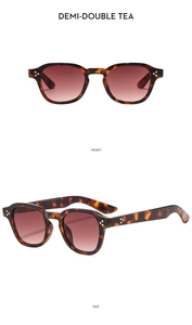 Front and side views of demi-double tea sunglasses with tortoiseshell frames and gold rivets