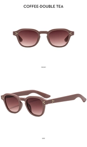 Front and side view of coffee-colored sunglasses with gold dot rivets on high-quality frame