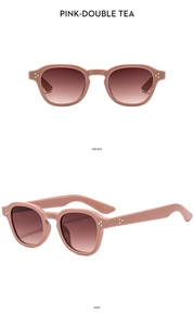 Close-up of pink resin sunglasses with golden dots, showing front and side view details