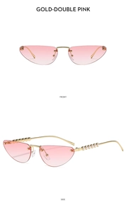 Detailed front and side view of gold cat eye sunglasses with pearl-decorated temples
