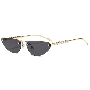 Retro triangle cat eye rimless sunglasses with gold temples and pearl accents for women