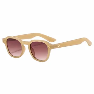 Retro round beige sunglasses with gradient lenses and stylish gold metal rivets