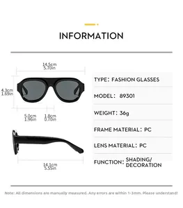 Detailed size specifications for black oversized aviator sunglasses with PC frame