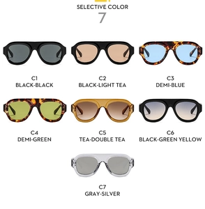 Detailed grid of oversized aviator sunglasses in seven stylish color combinations