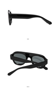 Side and back view of thick black frame oversized sunglasses with grey polarized lenses