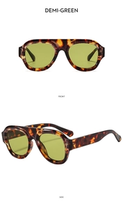 Close-up of tortoise shell frame sunglasses with translucent green lenses from front and side