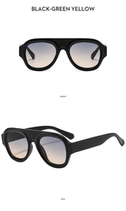 Front and side view of black oversized sunglasses with blue-yellow gradient lenses