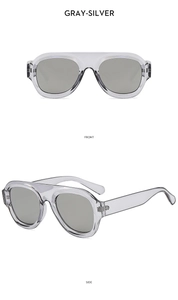 Front and side views of gray-silver aviator sunglasses with transparent frames