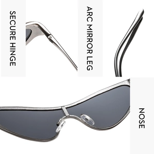 Detail view of cat eye sunglasses with secure metal hinges and gray lenses
