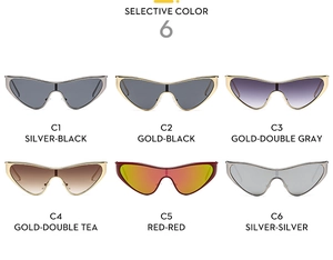 Detailed view of cat eye sunglasses in six metallic frames and assorted color lenses