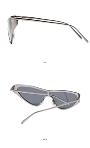 Side and back view of metal cat-eye sunglasses with shield lenses and sleek gunmetal frame