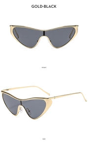 Detailed front and side view of gold metal cat eye sunglasses with dark lenses