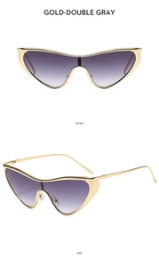 Detailed front and side views of gold cat-eye sunglasses with gray gradient lenses