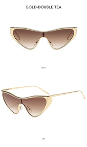 Detailed view of cat-eye sunglasses with gold metal frames and tea gradient lenses