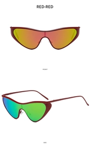 Front and side views of stylish red cat-eye sunglasses with colorful reflective lenses