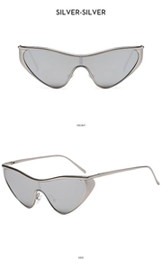 Front and side views of futuristic silver cat-eye shield sunglasses with metallic frames