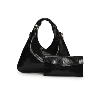 Black glossy triangle hobo handbag set with silver metal ball and envelope clutch bag