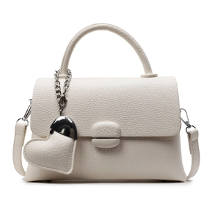 Elegant off-white lychee leather handbag with top handle and heart-shaped charm accessory