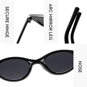 Detail view of oval sunglasses showing secure hinges, arc legs, and integrated nose pads