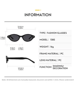 Detailed size chart for retro oval sunglasses showing dimensions and PC material specs