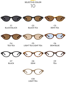 Detailed catalog showing ten color options for vintage narrow cat eye sunglasses