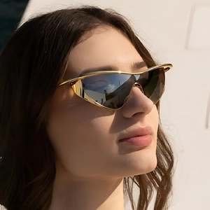Fashion Metal One-piece Cat Eye Sunglasses Futuristic Style UV400 Protection For Women Men Streetwear Trendy Eyewear