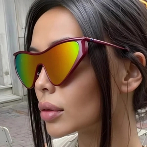 Fashionable oversized cat-eye sunglasses with burgundy frame and rainbow mirror lenses