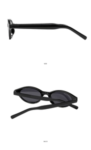 Side and back view of retro small oval sunglasses with wide temples and black frames