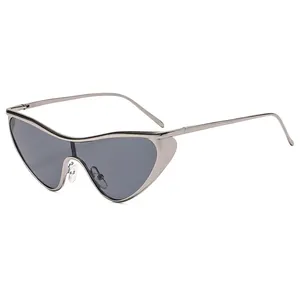 Futuristic silver metal cat eye sunglasses with dark grey lenses in 45-degree side view