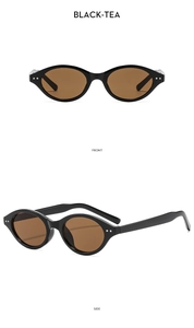 Front and side view of black cat-eye sunglasses with tea lenses and double rivet detail