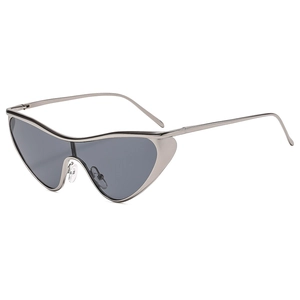 Futuristic silver metal cat-eye sunglasses with dark grey lenses in a sleek one-piece design