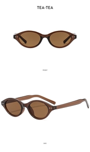 Front and side views of tea-brown cat eye sunglasses with glossy resin frames